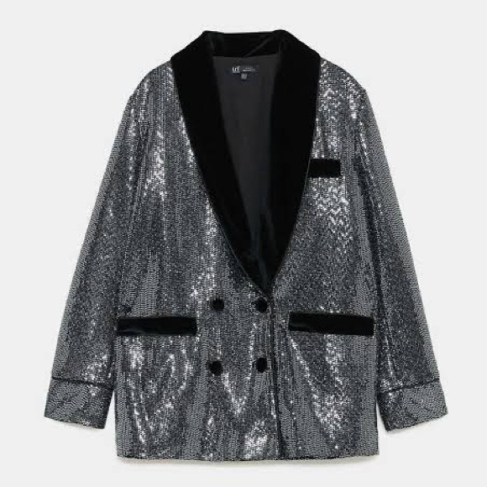 Zara Shimmering Silver Blazer with Black Trim - Picture 2 of 4